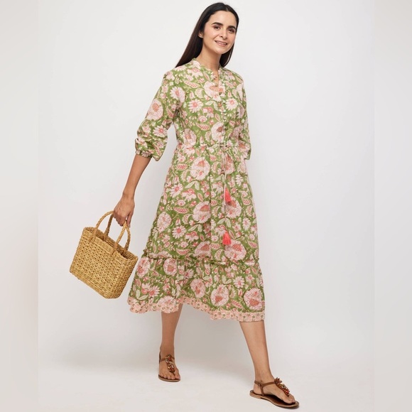 Pacific & Rose Textiles Dresses & Skirts - Pacific & Rose Textiles - Hilia Midi Tiered Dress, Pink & Green Floral